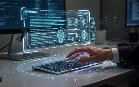 Ein futuristischer Schreibtisch mit holografischer Textanzeige und fließenden digitalen Datenströmen, die KI-unterstützte Produktivität symbolisieren. - Foto: über boerse-global.de
