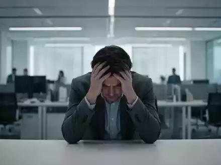 Eine Person sitzt in einem modernen Büro, das Gesicht in den Händen vergraben, ein Gefühl von Stress und Überforderung vermittelnd. - Foto: über boerse-global.de