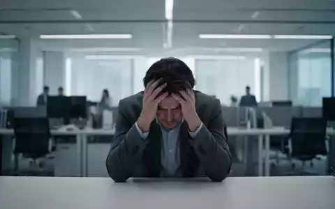 Eine Person sitzt in einem modernen Büro, das Gesicht in den Händen vergraben, ein Gefühl von Stress und Überforderung vermittelnd. - Foto: über boerse-global.de