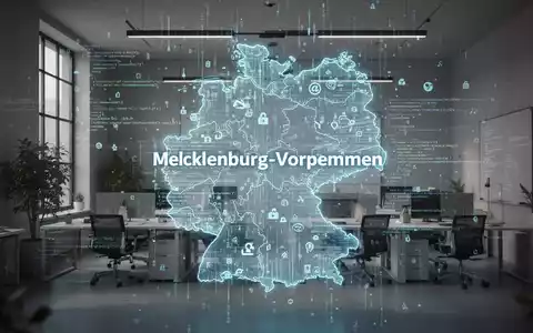 Eine stilisierte, leuchtende digitale Karte von Mecklenburg-Vorpommern, Deutschland, mit Open-Source-Code-Symbolen und Datenströmen. - Foto: über boerse-global.de