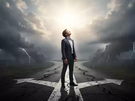 Eine Person steht an einem Scheideweg, blickt zu einem hellen Himmel auf, während ein dunkler Weg hinter ihr zurückweicht. - Foto: über boerse-global.de