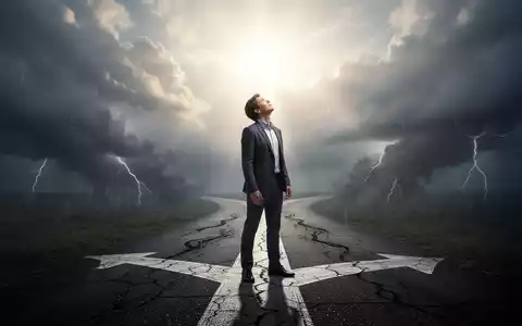 Eine Person steht an einem Scheideweg, blickt zu einem hellen Himmel auf, wĂ€hrend ein dunkler Weg hinter ihr zurĂŒckweicht. - Foto: ĂŒber boerse-global.de