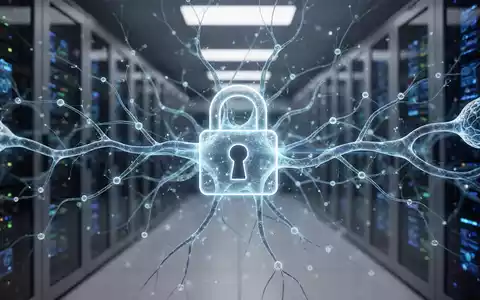 Ein digitales Vorhängeschloss über einem Netzwerk von KI-Neuronen, das Sicherheit und Produktivität im digitalen Zeitalter symbolisiert. - Foto: über boerse-global.de