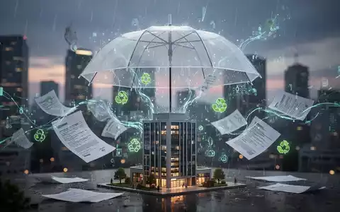 Ein stilisiertes, leuchtendes Regenschirm schützt ein Miniatur-Firmengebäude vor einem Sturm aus digitalen Daten und rechtlichen Symbolen. - Foto: über boerse-global.de