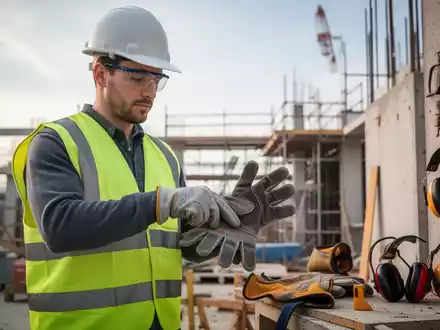 Ein Bauarbeiter in Schutzkleidung prüft seine Handschuhe auf einer Baustelle, im Hintergrund weitere Sicherheitsausrüstung. Fokus auf Arbeitssicherheit. - Foto: über boerse-global.de