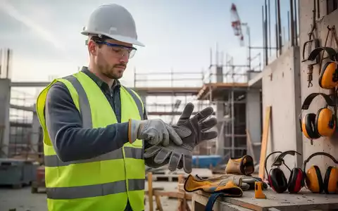 Ein Bauarbeiter in Schutzkleidung prüft seine Handschuhe auf einer Baustelle, im Hintergrund weitere Sicherheitsausrüstung. Fokus auf Arbeitssicherheit. - Foto: über boerse-global.de
