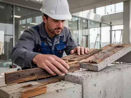 Ein Handwerker prüft nachhaltige Baumaterialien auf einer Baustelle, die den Fokus auf Kreislaufwirtschaft und ressourceneffizientes Bauen darstellt. - Foto: über boerse-global.de