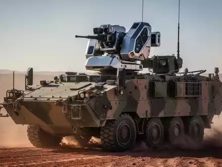 Ein modernes, ferngesteuertes Waffensystem (RWS), möglicherweise ein Slinger, montiert auf einem Militärfahrzeug in einer Wüste. - Foto: über boerse-global.de
