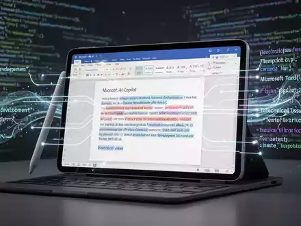 Ein iPad mit Microsoft Word und KI-Copilot-Funktionen, dahinter abstrakter Code und leuchtende Linien als Symbole für Technologie und Entwicklung. - Foto: über boerse-global.de