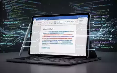 Ein iPad mit Microsoft Word und KI-Copilot-Funktionen, dahinter abstrakter Code und leuchtende Linien als Symbole für Technologie und Entwicklung. - Foto: über boerse-global.de