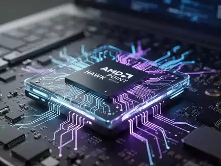 Nahaufnahme eines stilisierten Computerchips mit leuchtend blauen und violetten Linien, die AMDs Hawk Point Mobilprozessor darstellen. - Foto: über boerse-global.de