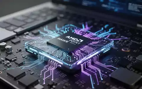 Nahaufnahme eines stilisierten Computerchips mit leuchtend blauen und violetten Linien, die AMDs Hawk Point Mobilprozessor darstellen. - Foto: über boerse-global.de