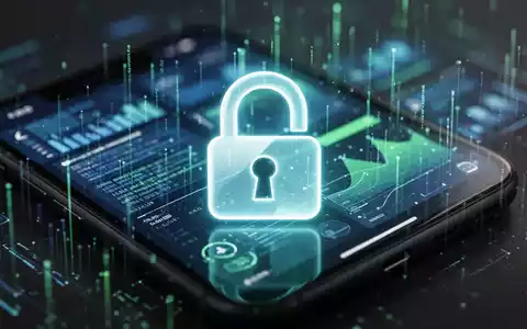 Ein stilisiertes, leuchtendes Vorhängeschloss-Symbol über einem verschwommenen Smartphone-Bildschirm mit digitalen Datenströmen. - Foto: über boerse-global.de