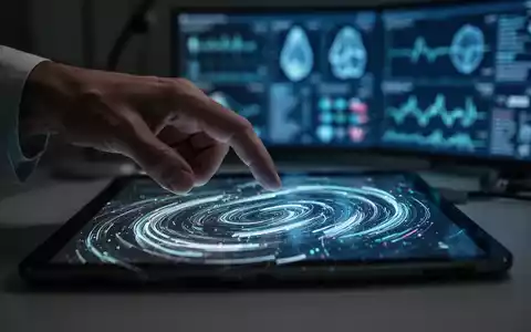 Eine Hand schwebt über einem Tablet, das abstrakte, digitale Muster anzeigt, im Hintergrund verschwommen medizinische Daten. - Foto: über boerse-global.de