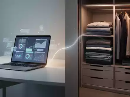 Ein aufgeräumter Schreibtisch mit Laptop und ein ordentlicher Kleiderschrank, symbolisieren digitale und physische Organisation. - Foto: über boerse-global.de