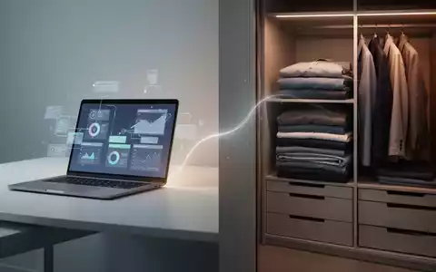 Ein aufgeräumter Schreibtisch mit Laptop und ein ordentlicher Kleiderschrank, symbolisieren digitale und physische Organisation. - Foto: über boerse-global.de