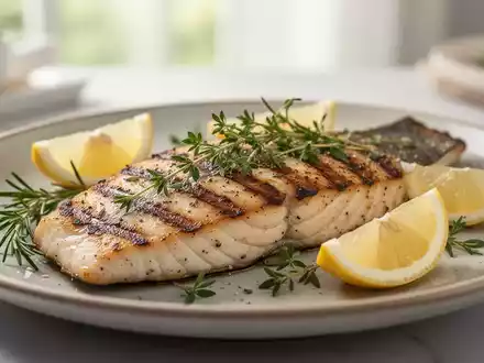Ein perfekt gegrilltes Fischfilet mit Kräutern und Zitronenscheiben auf einem Teller, mit unscharfem Hintergrund. - Foto: über boerse-global.de