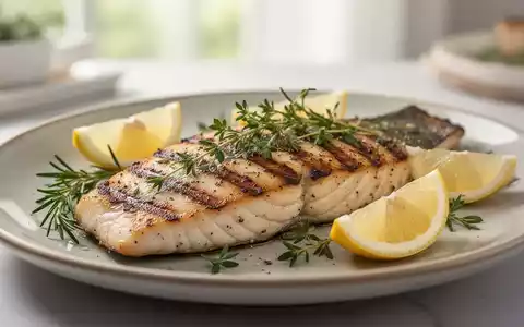 Ein perfekt gegrilltes Fischfilet mit Kräutern und Zitronenscheiben auf einem Teller, mit unscharfem Hintergrund. - Foto: über boerse-global.de