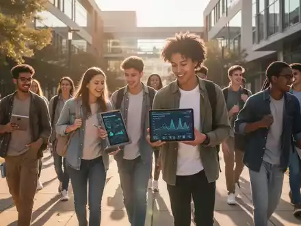 Eine vielfältige Gruppe von Studierenden geht über einen modernen Universitätscampus, mit Fokus auf Wohlbefinden und akademisches Umfeld. - Foto: über boerse-global.de
