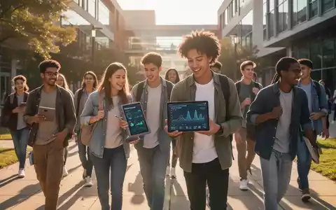 Eine vielfältige Gruppe von Studierenden geht über einen modernen Universitätscampus, mit Fokus auf Wohlbefinden und akademisches Umfeld. - Foto: über boerse-global.de