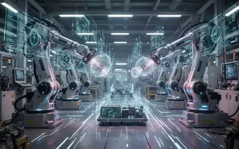 Roboterarm an Fließband mit digitalen Datenüberlagerungen, Symbol für Industrieautomation und KI-Integration. - Foto: über boerse-global.de