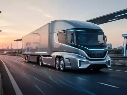 Ein futuristischer emissionsfreier LKW fährt auf einer Autobahn bei Sonnenaufgang, mit Ladeinfrastruktur im Hintergrund. - Foto: über boerse-global.de