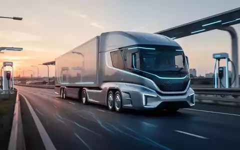 Ein futuristischer emissionsfreier LKW fährt auf einer Autobahn bei Sonnenaufgang, mit Ladeinfrastruktur im Hintergrund. - Foto: über boerse-global.de
