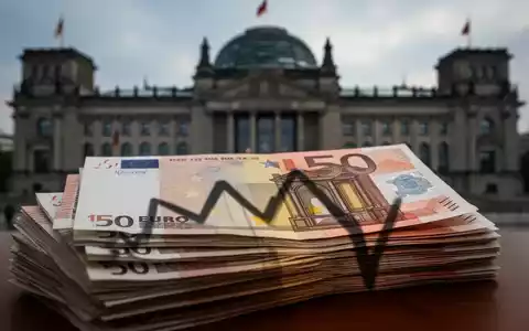 Nahaufnahme von Euro-Banknoten mit dem Schatten eines fallenden Diagramms und einem unscharfen deutschen Parlamentsgebäude im Hintergrund. - Foto: über boerse-global.de