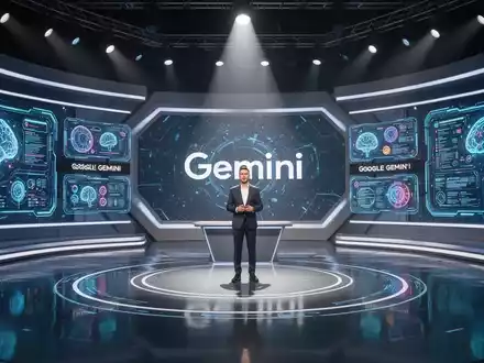 Kandidat auf futuristischem Gameshow-Set, beleuchtet von Scheinwerfern, mit leuchtenden KI-Interface-Elementen, die Google Gemini darstellen. - Foto: über boerse-global.de