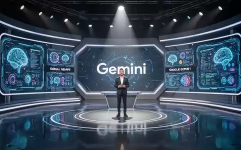 Kandidat auf futuristischem Gameshow-Set, beleuchtet von Scheinwerfern, mit leuchtenden KI-Interface-Elementen, die Google Gemini darstellen. - Foto: über boerse-global.de