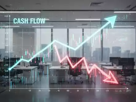 Eine stilisierte Grafik zeigt steigenden Cashflow und sinkende Umsätze, umgeben von abstrakten Finanzdaten in einem modernen Büro. - Foto: über boerse-global.de
