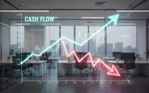 Eine stilisierte Grafik zeigt steigenden Cashflow und sinkende Umsätze, umgeben von abstrakten Finanzdaten in einem modernen Büro. - Foto: über boerse-global.de
