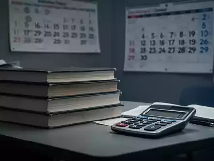 Ein Schreibtisch mit Lehrbüchern und einem Taschenrechner. Ein Kalender an der Wand deutet auf Verzögerungen hin. - Foto: über boerse-global.de