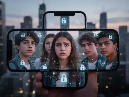 Ein Smartphone-Bildschirm spiegelt die Gesichter von Teenagern wider, überlagert von Datenschutzsymbolen. Im Hintergrund eine Stadt bei Dämmerung. - Foto: über boerse-global.de