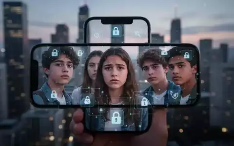 Ein Smartphone-Bildschirm spiegelt die Gesichter von Teenagern wider, überlagert von Datenschutzsymbolen. Im Hintergrund eine Stadt bei Dämmerung. - Foto: über boerse-global.de