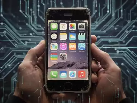 Nahaufnahme eines älteren iPhones mit altem iOS-Interface, in Händen gehalten, verschwommene digitale Linien im Hintergrund. - Foto: über boerse-global.de