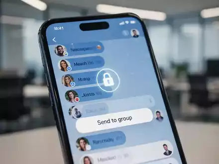 Smartphone-Bildschirm mit Messaging-App, neuer 'An Gruppe senden'-Option und Schloss-Symbol für Verschlüsselung. - Foto: über boerse-global.de