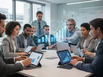 Erwachsene in einem modernen Schulungsraum nutzen Tablets und Laptops; eine Person interagiert mit einer holografischen Datenprojektion. - Foto: über boerse-global.de