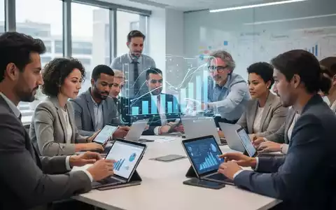 Erwachsene in einem modernen Schulungsraum nutzen Tablets und Laptops; eine Person interagiert mit einer holografischen Datenprojektion. - Foto: über boerse-global.de