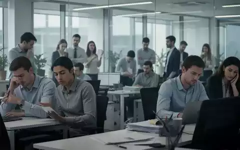 Eine Gruppe von Büroangestellten, einige wirken gestresst oder desinteressiert, andere engagiert, aber belastet, in einem modernen Büro. - Foto: über boerse-global.de