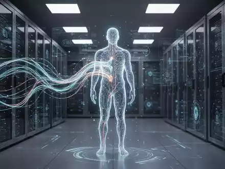 Eine Personensilhouette, umgeben von leuchtenden Datenströmen in einem hochmodernen Serverraum, symbolisiert KI-Governance und Compliance. - Foto: über boerse-global.de