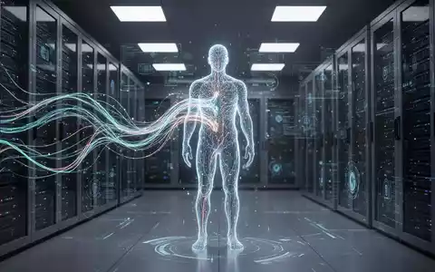 Eine Personensilhouette, umgeben von leuchtenden Datenströmen in einem hochmodernen Serverraum, symbolisiert KI-Governance und Compliance. - Foto: über boerse-global.de