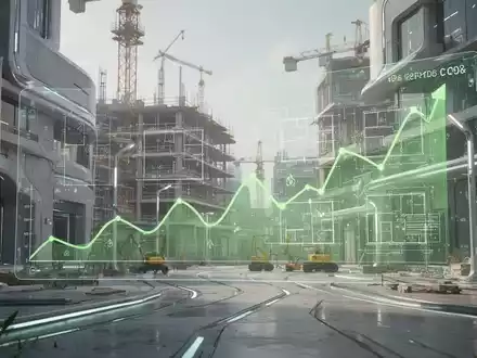 Eine nachhaltige Baustelle mit modernen, CO2-armen Materialien und digitalen Bauplänen, die CO2-Reduktion symbolisieren. - Foto: über boerse-global.de