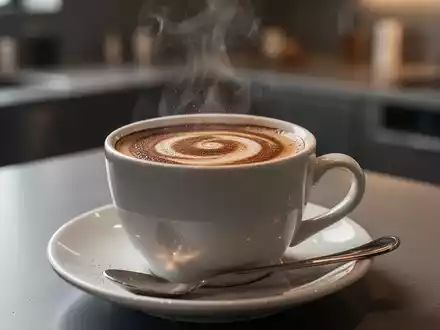 Nahaufnahme einer Tasse Kaffee, in die Kollagenpulver eingerührt wird, mit einer sanften Strudelbewegung und einem Löffel auf der Untertasse. - Foto: über boerse-global.de