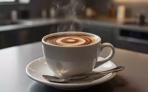 Nahaufnahme einer Tasse Kaffee, in die Kollagenpulver eingerührt wird, mit einer sanften Strudelbewegung und einem Löffel auf der Untertasse. - Foto: über boerse-global.de