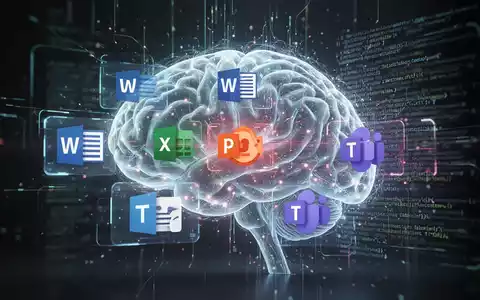 Leuchtendes KI-Gehirn mit holografischen Microsoft-Office-Symbolen, symbolisiert KI in Produktivitätssoftware. - Foto: über boerse-global.de