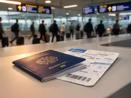 Ein Reisepass und eine Bordkarte liegen auf einer Flughafentheke mit verschwommenen Reisenden im Hintergrund. - Foto: über boerse-global.de