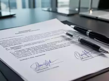 Ein Stift liegt auf einem juristischen Dokument, das Vertragsdetails und Unterschriften zeigt, in einem modernen Büro. - Foto: über boerse-global.de