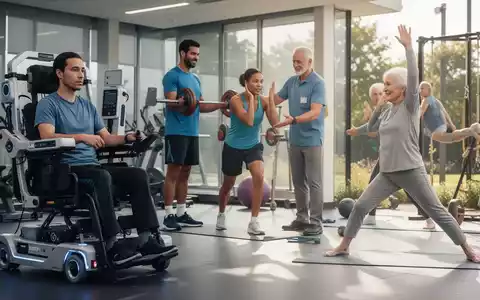 Eine vielfältige Gruppe von Menschen, die Sport treiben und an Rehabilitationsmaßnahmen teilnehmen, darunter Robotik und Yoga. - Foto: über boerse-global.de
