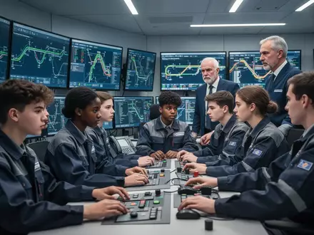 Junge Bahn-Auszubildende in Uniformen arbeiten in einer modernen Leitstelle, überwachen Bildschirme und lernen von erfahrenen Ausbildern. - Foto: über boerse-global.de